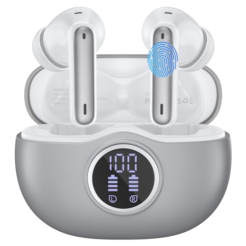 WHYKJTEK Bluetooth Kopfhörer In Ear Kopfhörer Kabellos Bluetooth 5.3 mit 4 ENC Mic, HiFi Stereo Deep Bass Kabellose Kopfhörer 40 Std Spielzeit mit LED Anzeige, USB-C, IPX7 Wasserdicht Ohrhörer Grau von WHYKJTEK