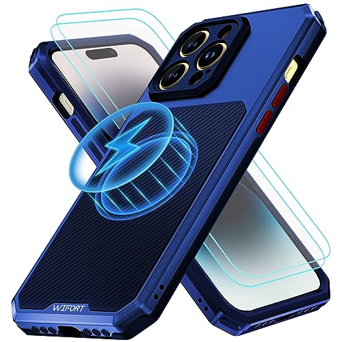 WIFORT Magnetisch Metall Hülle für iPhone 14 Pro Kompatibel mit MagSafe, mit 2 Stück Schutzglas, Militärnorm Stoßfest Handyhülle, Sturzschutz Heavy Duty Case, Kratzfeste Rückseite, Blau von WIFORT