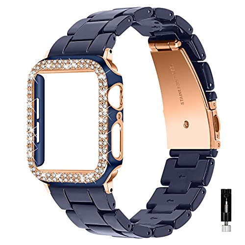 WIGERLON Kompatibel mit Harz-Apple-Watch-Armband mit Hülle, Bling 38 mm, 40 mm, 42 mm, 44 mm, iWatch-Armbänder für Damen, kompatibel mit Apple Watch Serie 6, 5, 4, 3, 2, 1, SE, Farbe: Blau von WIGERLON