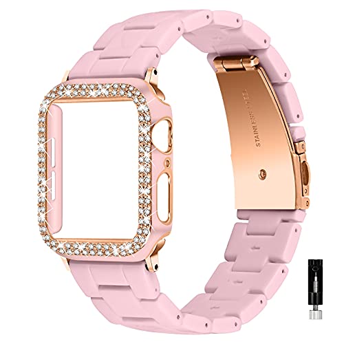 WIGERLON Kompatibel mit Harz-Apple-Watch-Armband mit Hülle, Bling 38 mm, 40 mm, 42 mm, 44 mm, iWatch-Armbänder für Frauen, kompatibel mit Apple Watch Serie 6, 5, 4, 3, 2, 1, SE, Farbe: Rosa von WIGERLON