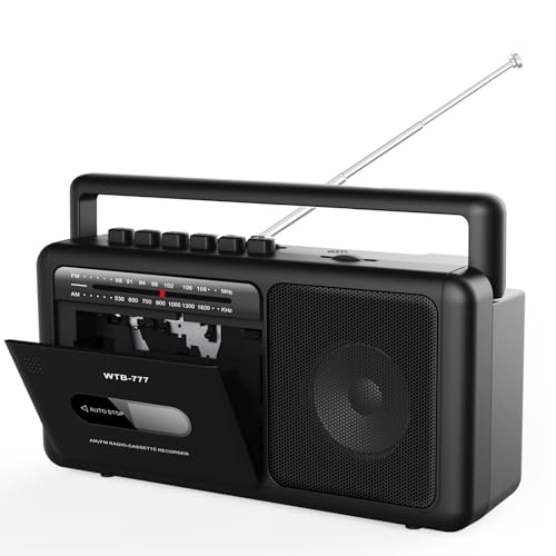 Tragbare Kassettenspieler Boombox,Vintage-AM/FM-Stereoradio mit Bluetooth, USB, Kopfhöreranschluss, tragbarer Kassettenrekorder für zu Hause oder draußen (Black) von WIITHINK