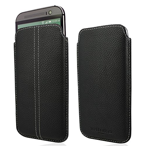 WIIUKA Echt Leder Tasche HTC One M8 (Modell 2014) Schwarz/Grau Ledertasche extra Dünn Pouch Cover Hülle Etui Case von WIIUKA