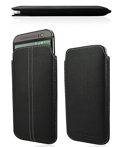 WIIUKA Echt Leder Tasche HTC One M8 (Modell 2014) Schwarz/Grau Ledertasche extra Dünn Soft Pouch Cover Hülle Etui Case von WIIUKA