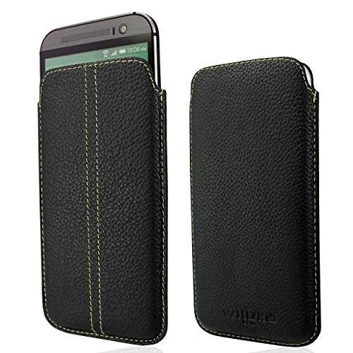 WIIUKA Echt Leder Tasche HTC One M8 (Modell 2014) Schwarz/Grün Ledertasche extra Dünn Pouch Cover Hülle Etui Case von WIIUKA