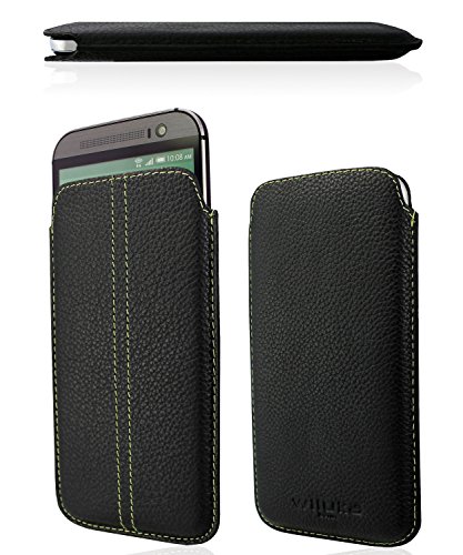 WIIUKA Echt Leder Tasche HTC One M8 (Modell 2014) Schwarz/Grün Ledertasche extra Dünn Soft Pouch Cover Hülle Etui Case von WIIUKA