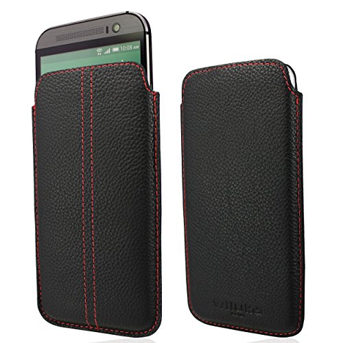 WIIUKA Echt Leder Tasche HTC One M8 (Modell 2014) Schwarz/Rot Ledertasche extra Dünn Pouch Cover Hülle Etui Case von WIIUKA