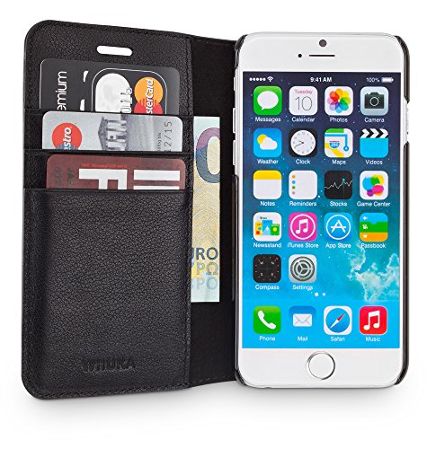 WIIUKA Echt Ledertasche - TRAVEL Away - für Apple iPhone 8 Plus und iPhone 7 Plus mit Vier Kartenfächern, extra Dünn, Tasche Schwarz, Leder Hülle kompatibel mit iPhone 8 Plus / 7 Plus von WIIUKA