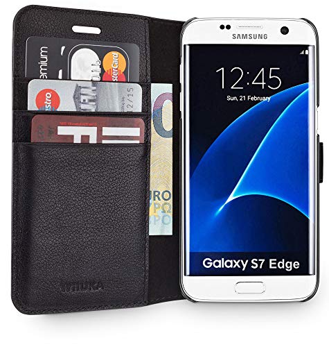 WIIUKA Echt Ledertasche - TRAVEL Away - für Samsung Galaxy S7 Edge mit Vier Kartenfächern, extra Dünn, Tasche Schwarz, Leder Hülle kompatibel mit Samsung Galaxy S7 Edge von WIIUKA