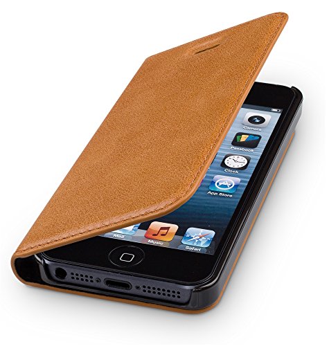 WIIUKA Echt Ledertasche - TRAVEL - für Apple iPhone 5 / 5S / SE Hülle mit Kartenfach, Cognac Braun, extra Dünn, Leder Tasche kompatibel mit iPhone 5/5S/SE von WIIUKA