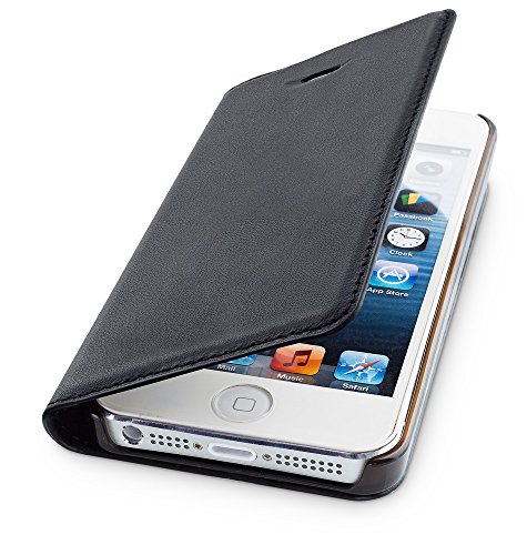 WIIUKA Echt Ledertasche - TRAVEL - für Apple iPhone 5 / 5S / SE mit Kartenfach, extra Dünn, Tasche Schwarz, Leder Hülle kompatibel mit iPhone 5/5S/SE von WIIUKA