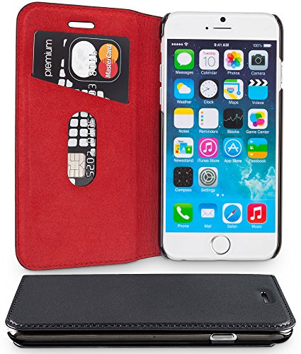 WIIUKA Echt Ledertasche - TRAVEL - für Apple iPhone 8 Plus und iPhone 7 Plus mit Kartenfach, extra Dünn, Tasche RED Edition, Schwarz Rot, Leder Hülle kompatibel mit iPhone 8 Plus / 7 Plus von WIIUKA