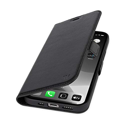 WIIUKA Hülle für iPhone 12 Mini, Lederhülle mit Vier Kartenfächern, extra Dünn, Premium Leder, Handyhülle mit Standfunktion, Tasche Schwarz von WIIUKA