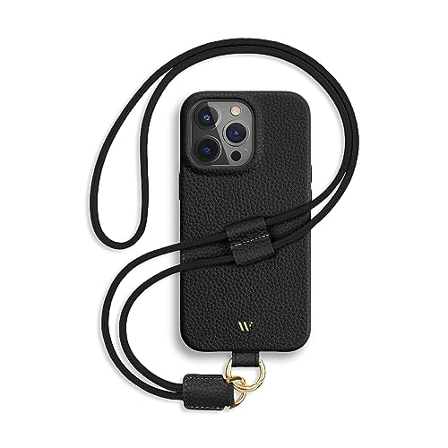 WIIUKA Hülle für iPhone 13 Pro, Leder aus Deutschland, Lederhülle Handykette, Premium Handyhülle, Case, Kette Band Umhängen, Schwarz von WIIUKA