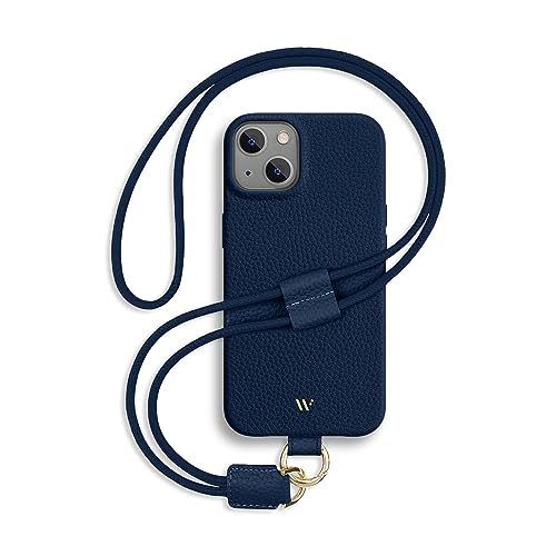 WIIUKA Hülle für iPhone 14, Leder aus Deutschland, Lederhülle Handykette, Premium Handyhülle, Case, Kette Band Umhängen,Nachtblau Blau von WIIUKA