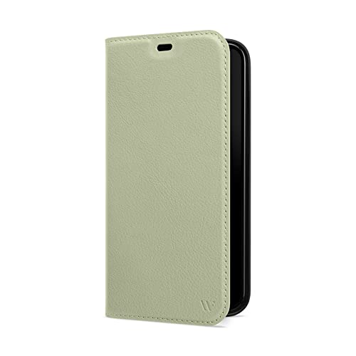 WIIUKA Hülle für iPhone 14 Plus, Leder aus Deutschland, mit Kartenfach, extra Dünn, Handyhülle mit Standfunktion, Macaron Edition - Tasche Pistazie - Grün von WIIUKA