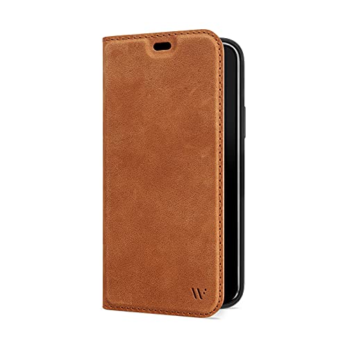 WIIUKA Hülle für iPhone 15, Leder aus Deutschland, mit Kartenfach, extra Dünn, Handyhülle mit Standfunktion, Tasche Vintage Cognac Braun von WIIUKA