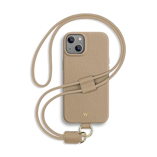 WIIUKA Hülle für iPhone 15 Plus, Leder aus Deutschland, Lederhülle Handykette, Premium Handyhülle, Case, Kette Band Umhängen, Beige von WIIUKA