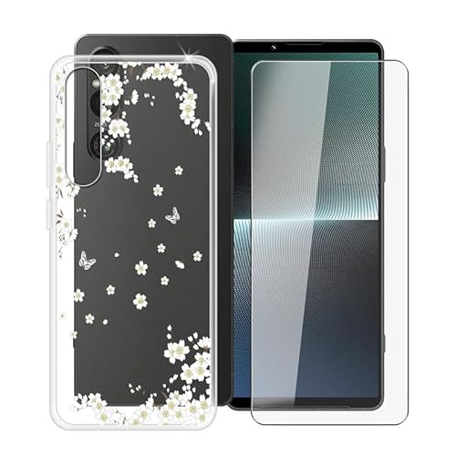 WIMSPEED Handyhülle für Sony Xperia 1 V (6.5 Zoll) + Gehärtetes Glas Schutzfolie, Stoßfest Silikon Schutzhülle Tasche Ultradünne weiches TPU Case Hülle für Sony Xperia 1 V - Weiße Blume von WIMSPEED