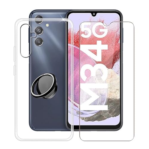 WIMSPEED Hülle + Schutzfolie für Samsung Galaxy M34 5G (6.5 Zoll) mit 360° Rotating Magnet Ring Ständer, Transparent TPU Handyhülle Case Weich Silikon Schutzhülle Tasche für Samsung Galaxy M34 5G von WIMSPEED