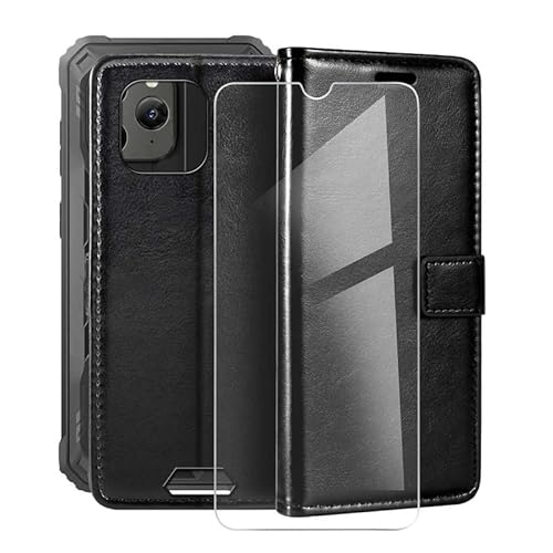WIMSPEED Hülle für Blackview BV5300 Pro (6.1") Standfunktion Case + Gehärtetem Glasfolie 9H Härte, Flip Handyhülle PU-Leder Tasche Flip Schutzhülle Cover - Black von WIMSPEED