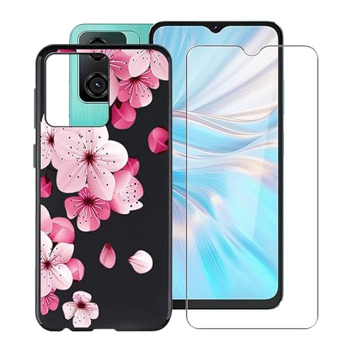WIMSPEED Hülle für Blackview Oscal C70 (6.56 Zoll) Mit 1 X Gehärtetem Glas Schutzfolie, Ultradünne Schwarz Kratzfest Weich Silikon TPU Bumper Schutzhülle Cover für Blackview Oscal C70 - Pfirsichblüte von WIMSPEED
