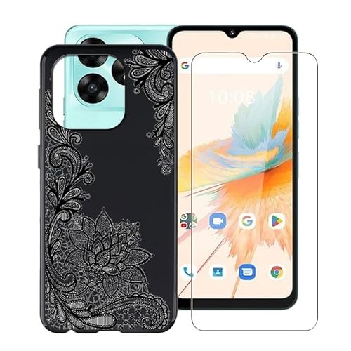 WIMSPEED Hülle für Umidigi A15 (6.70 Zoll) Mit 1 X Gehärtetem Glas Schutzfolie, Ultradünne Schwarz Kratzfest Weich Silikon TPU Bumper Schutzhülle Cover für Umidigi A15 - Schwarze Rose von WIMSPEED