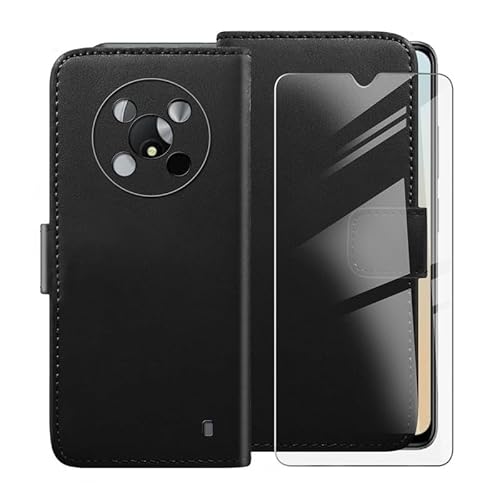 WIMSPEED Hülle für ZTE Blade A73 5G (6.52") Standfunktion Case + Gehärtetem Glasfolie 9H Härte, Flip Handyhülle PU-Leder Tasche Flip Schutzhülle Cover - Black von WIMSPEED