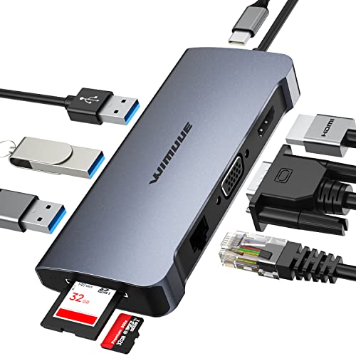 USB-C-Hub, WIMUUE 10-in-1-Aluminium-Adapter mit 100W Stromversorgung, RJ45-Ethernet, 4K HDMI, 3 USB 3.0-Anschlüsse, SD/TF, USBC-Dongle für MacBook Pro/Air Thunderbolt 3 Multiport Dock USB Typ C Laptop von WIMUUE
