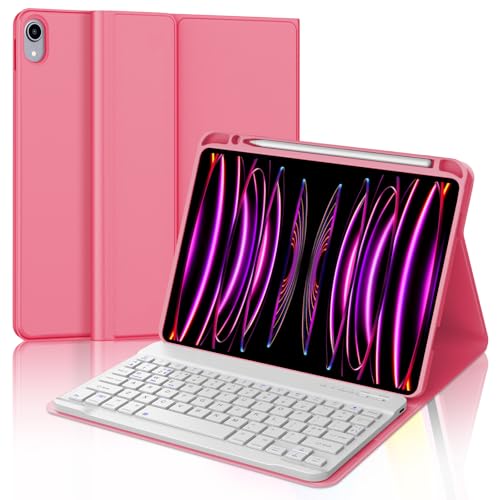 WINCHKING Hülle mit Tastatur für iPad Pro 12.9, iPad Pro 12.9 6./5./4./3 Gen(2018-2022), Abnehmbare Kabellose QWERTZ Tastatur, Rosa (Rot) von WINCHKING
