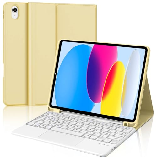 Hülle mit Tastatur für iPad A16 11 Generation 2025 & iPad 10. Generation 10,9 Zoll, Trackpad und 7-Farben-Hintergrundbeleuchtung, Magnetisch abnehmbare Tastatur mit QWERTZ Layout (Gelb-Touchpad) von WINCHKING