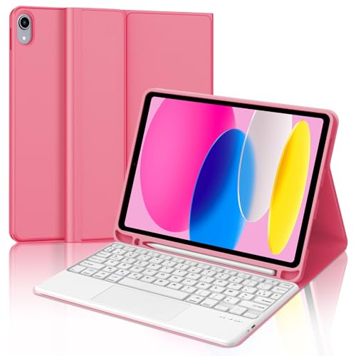 Hülle mit Tastatur für iPad A16 11 Generation 2025 & iPad 10. Generation 10,9 Zoll, Trackpad und 7-Farben-Hintergrundbeleuchtung, Magnetisch abnehmbare Tastatur mit QWERTZ Layout (Rot-Touchpad) von WINCHKING