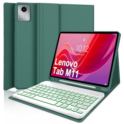 WINCHKING Tastatur Hülle für Lenovo Tab M11 11'' 2024, 7 Farben Beleuchtung, Tablet Magnetisch Abnehmbarer Tastatur mit QWERTZ Layout (Dunkelgrün-Beleuchtung) von WINCHKING