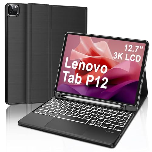 WINCHKING Tastatur Hülle für Lenovo Tab P12 12.7 Zoll 2023, Tastatur für Lenovo Tab P12 Tablet, 7 Farben Beleuchtung Magnetisch Abnehmbarer mit QWERTZ Layout (Schwarz-2023) von WINCHKING