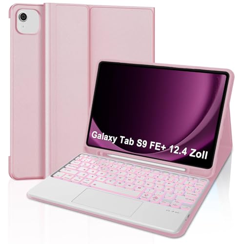 WINCHKING Tastatur Hülle für Samsung Galaxy Tab S9 FE Plus 12.4 Zoll Tablet, Kompatibel mit Samsung S7/S8 12,4 Zoll, Tastatur mit QWERTZ Layout, Magnetisch Abnehmbare (Rosa) von WINCHKING