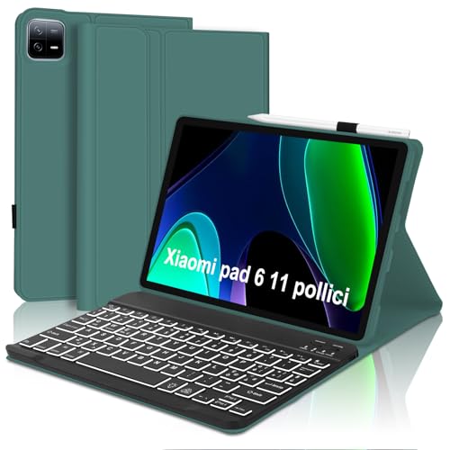 WINCHKING Tastatur für Xiaomi Pad6 11 Zoll 2023, italienisches Layout, 7 Hintergrundbeleuchtungsfunktionen, Schutzhülle für 11 Zoll, schlanke Bluetooth-Tastatur, magnetisch, abnehmbar, Dunkelgrün von WINCHKING