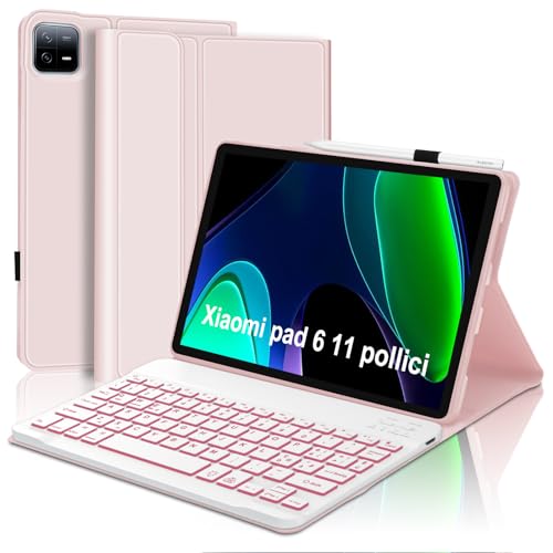 WINCHKING Tastatur für Xiaomi Pad6 11 Zoll 2023, italienisches Layout, 7 Hintergrundbeleuchtungsfunktionen, Schutzhülle für 11 Zoll, schlanke Bluetooth-Tastatur, magnetisch, abnehmbar, Hellrosa von WINCHKING