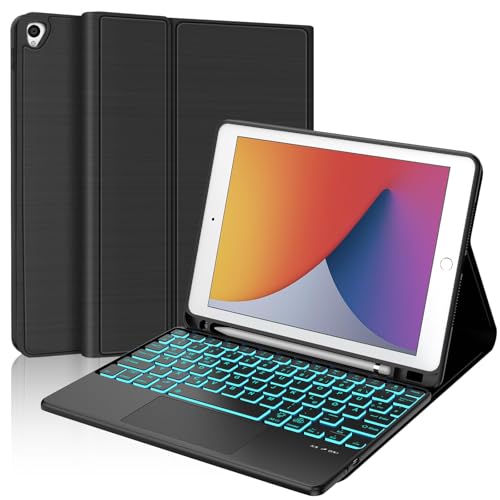 iPad 9 Generation Hülle mit Tastatur 10,2 Zoll für iPad 9/8/7 Gen - 7 Farben Beleuchtete Kabellose Abnehmbare mit Touchpad, Flexibles TPU Hülle mit Stifthalter, QWERTZ Layout (Schwarz-Touchpad) von WINCHKING