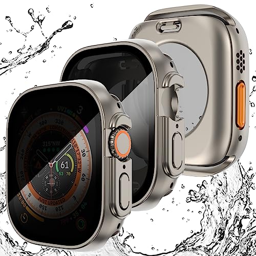 WINGLE 2 Pack für Apple Watch Ultra 2 49mm Privacy Displayschutzfolie Hülle, [Anti-Peeping] 2 in 1 Wasserdicht 360 Schutzglas Face Cover Hard PC Bumper für iWatch Ultra/Ultra 2 49mm, Titan von WINGLE