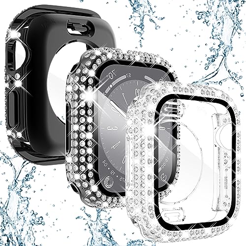 WINGLE 2 Stück wasserdichte Bling Hülle für Apple Watch 40 mm Displayschutzfolie SE Serie 6 5 4, 2 in 1 Full Glitter Bling Diamant Strass Bumper Face Cover für iWatch Frauen, 40 mm Schwarz/Transparent von WINGLE