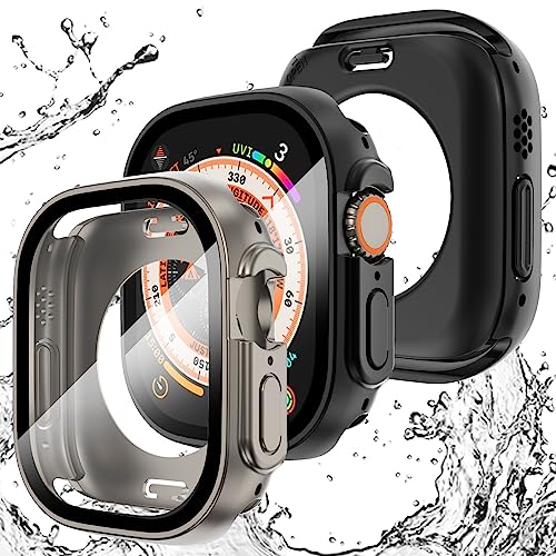 WINGLE 2 in 1 wasserdichte Hülle für Apple Watch Ultra Displayschutzfolie 49 mm Abdeckung, 2 Pack 360 Schutzglas Gesichtsabdeckung Harter PC Bumper + Rückrahmen für iWatch Ultra Zubehör 49 mm, von WINGLE