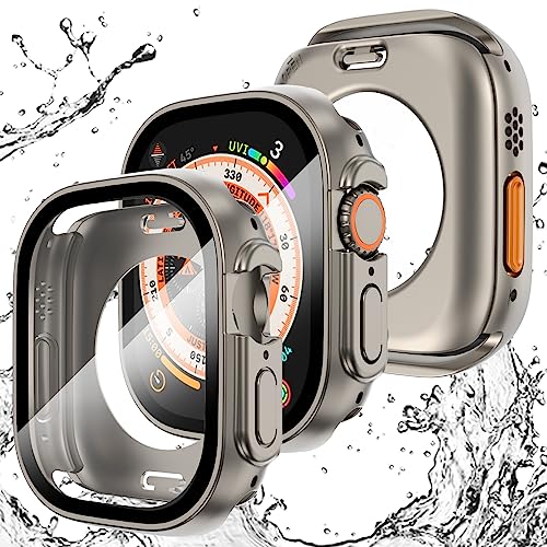 WINGLE 2 in 1 wasserdichte Hülle für Apple Watch Ultra Displayschutzfolie 49 mm Case Cover, 2 Pack 360 Schutzglas Face Cover Hard PC Bumper + Back Frame für iWatch Ultra Zubehör 49 mm, Titan von WINGLE