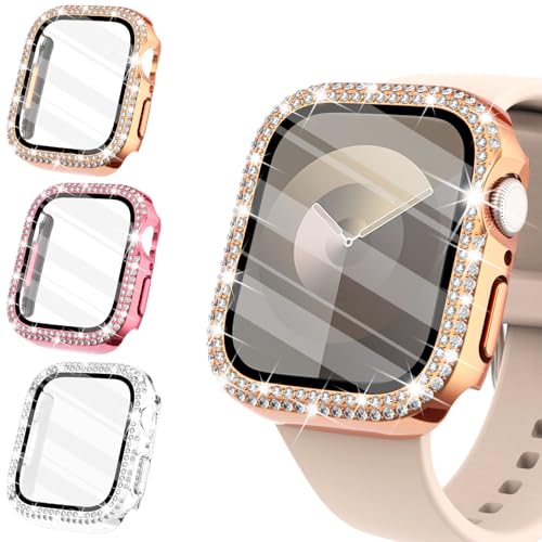 WINGLE 3er-Pack Displayschutzfolie für Apple Watch, 41 mm, Serie 9, 8, 7, glänzende Diamant-Abdeckung mit gehärtetem Glas, Displayschutzfolie für iWatch-Hülle 41 mm, Serie 9, 8, 7 (Roségold, Rosa, von WINGLE