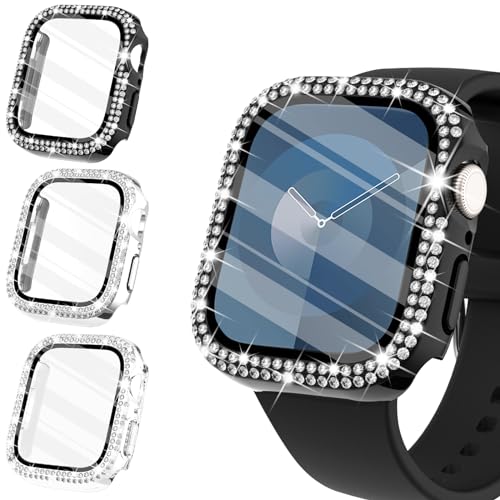 WINGLE Displayschutzfolie für Apple Watch, 45 mm, Serie 9, 8, 7, Damen, glänzende Diamant-Abdeckung mit gehärtetem Glas, Displayschutzfolie für iWatch-Hülle 45 mm, Serie 9, 8, 7 (schwarz, silber, von WINGLE