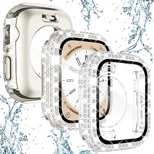 Wingle 2 Stück für Apple Watch Hülle Serie 6 5 4 SE 40 mm Displayschutzfolie Cover, [2 in 1] Wasserdicht Full Bling Diamant Strass Gesicht Abdeckung Vorder- und Rückseite Bumper Cases für iWatch von WINGLE