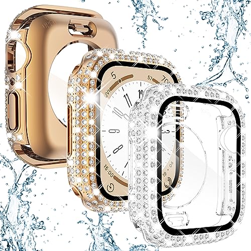 Wingle 2 Stück für Apple Watch Hülle Serie 6 5 4 SE 44 mm Displayschutzfolie Cover, [2 in 1] Wasserdicht Full Bling Diamant Strass Gesicht Abdeckung Vorder- und Rückseite Bumper Cases für iWatch von WINGLE