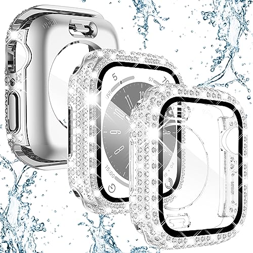 Wingle 2 Stück wasserdichte Bling Hülle für Apple Watch Series 9 Series 8 7 41 mm Displayschutzfolie, 2 in 1 Full Glitter Bling Diamant Strass Bumper Face Cover für iWatch Frauen 41 mm Silber/Klar von WINGLE