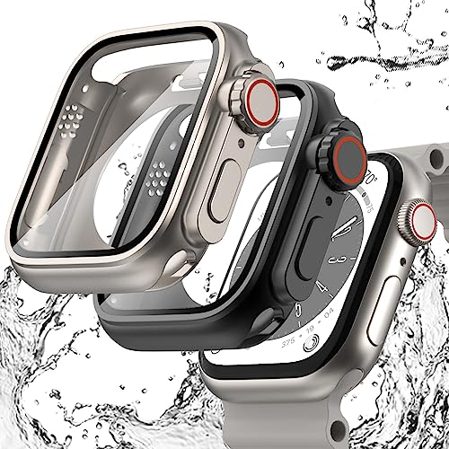 Wingle 2-in-1 wasserdichte Apple Watch Series 9 8 7 45 mm Displayschutzfolie 【Sieht aus wie Ultra-Schutzhülle】, 2 Stück iWatch Gesichtsabdeckung + Rückseite Stoßstange mit gehärtetem Glas für Männer von WINGLE