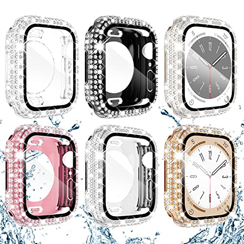 Wingle 6 Stück für Apple Watch Serie 9, 8, 7, 41 mm, Displayschutzfolie, [2-in-1] wasserdicht, voller Glitzer-Diamant, Strass, Gesichtsabdeckung, Vorder- und Rückseite, Stoßfängerhüllen für iWatch 9, von WINGLE