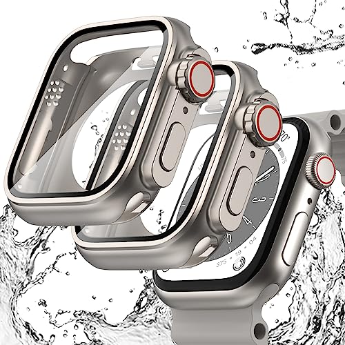 Wingle Für 2-in-1 wasserdichte Apple Watch Serie 8 7 45 mm Displayschutzfolie 【Sieht aus wie Ultra-Schutzhülle】, 2 Stück iWatch Gesichtsabdeckung + Rückseite Stoßstange mit gehärtetem Glas für Männer von WINGLE