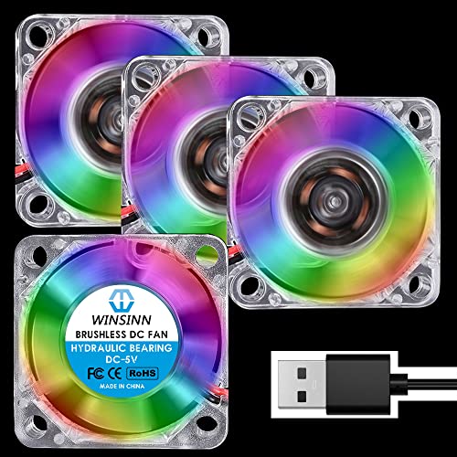 WINSINN 30mm RGB USB Lüfter 5V, LED Bunter 3D Drucker Mikro 5 Volt Lüfter 3010 Hydrauliklager, Bürstenlose Kühlung 30mm x 10mm 2PIN (4er Pack) von WINSINN